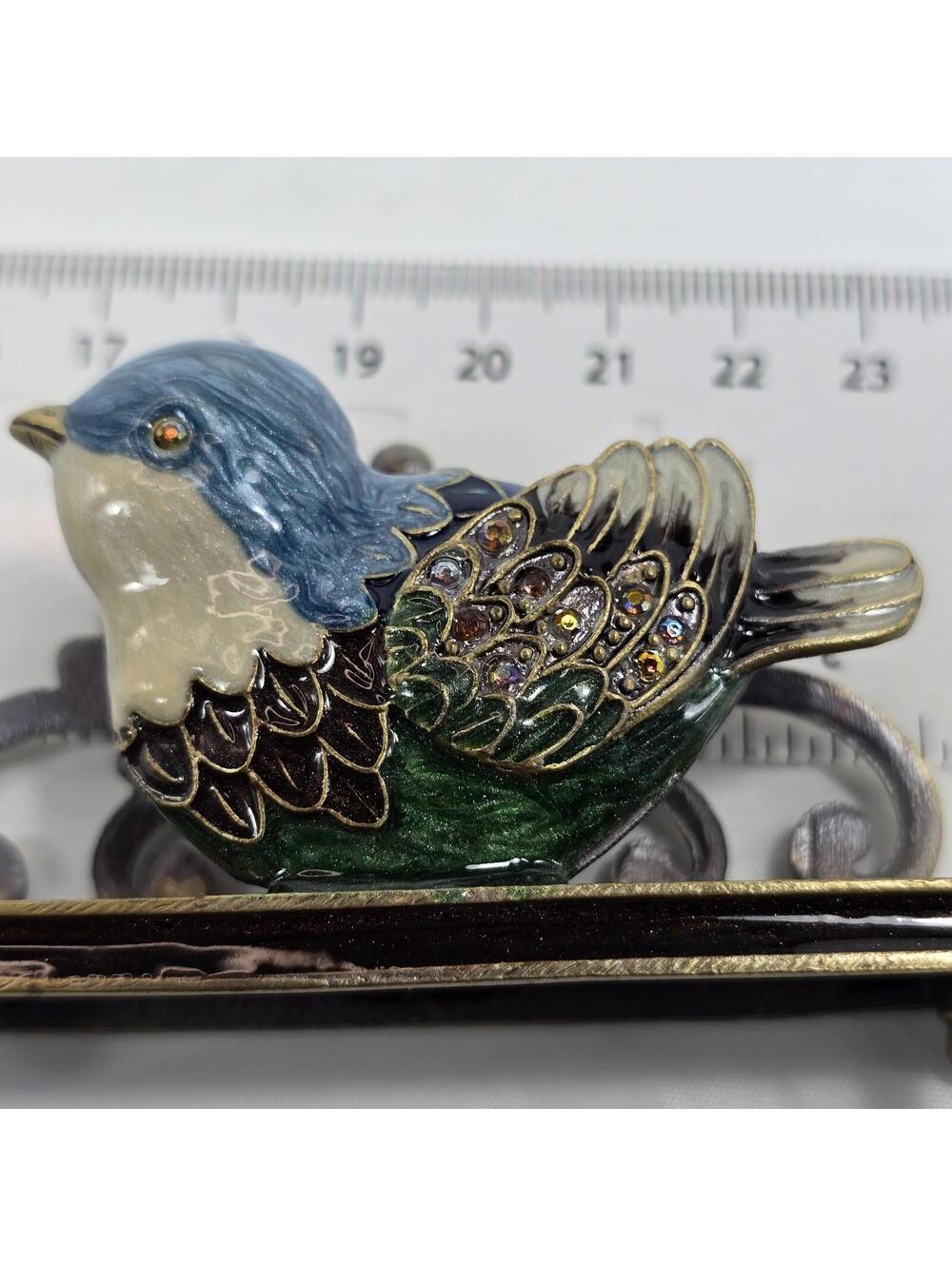 Bird Nikky letter Card Holder Organizer Metal Enamel Blue Green With Rhinestones